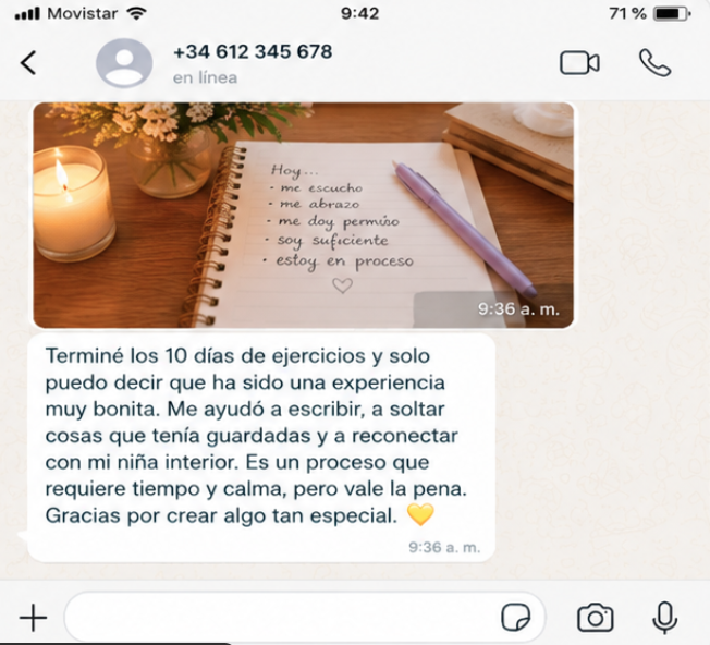 Mensaje de una clienta: terminó los 10 días de ejercicios y reconectó con su niña interior