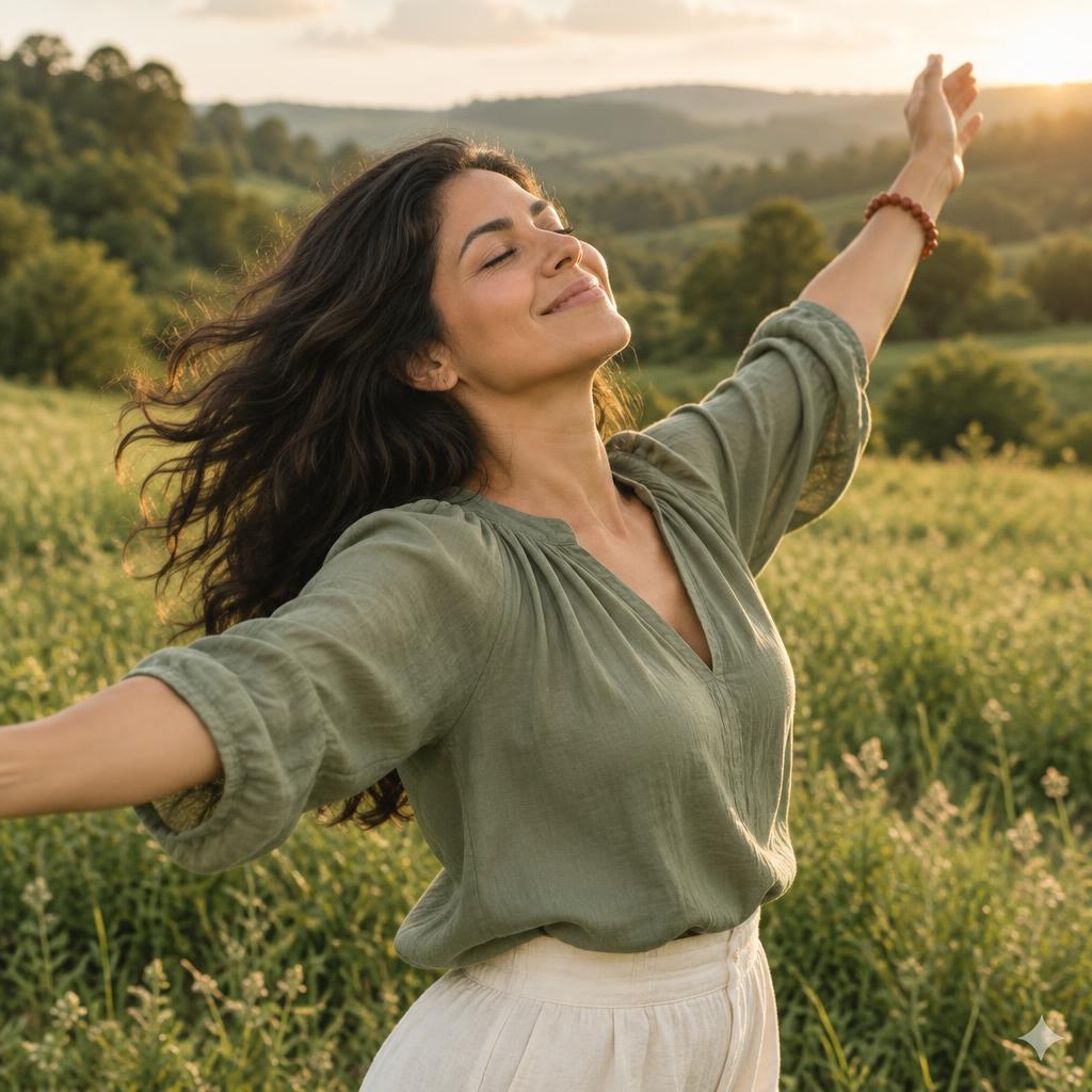 Mujer libre y feliz en un campo verde, con los brazos abiertos, soltando el control